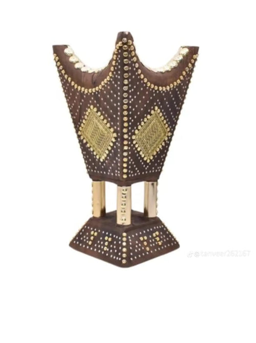 Handcrafted dark wood and gold mabkhara back view showing diamond motif