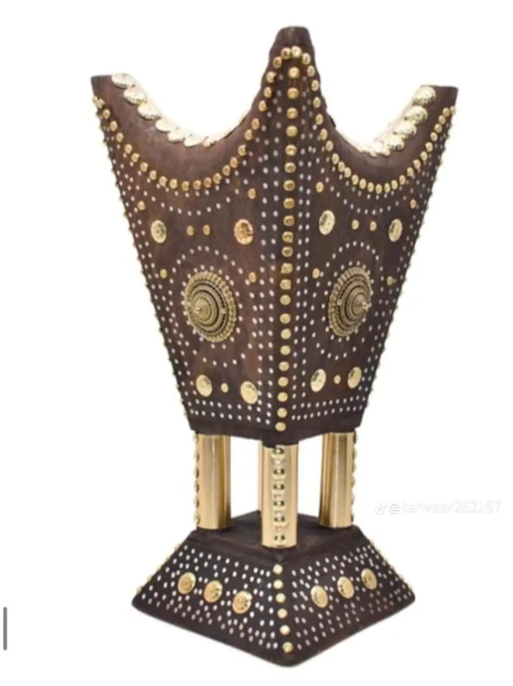 Handcrafted dark wood and gold mabkhara full view showing circular medallion accents