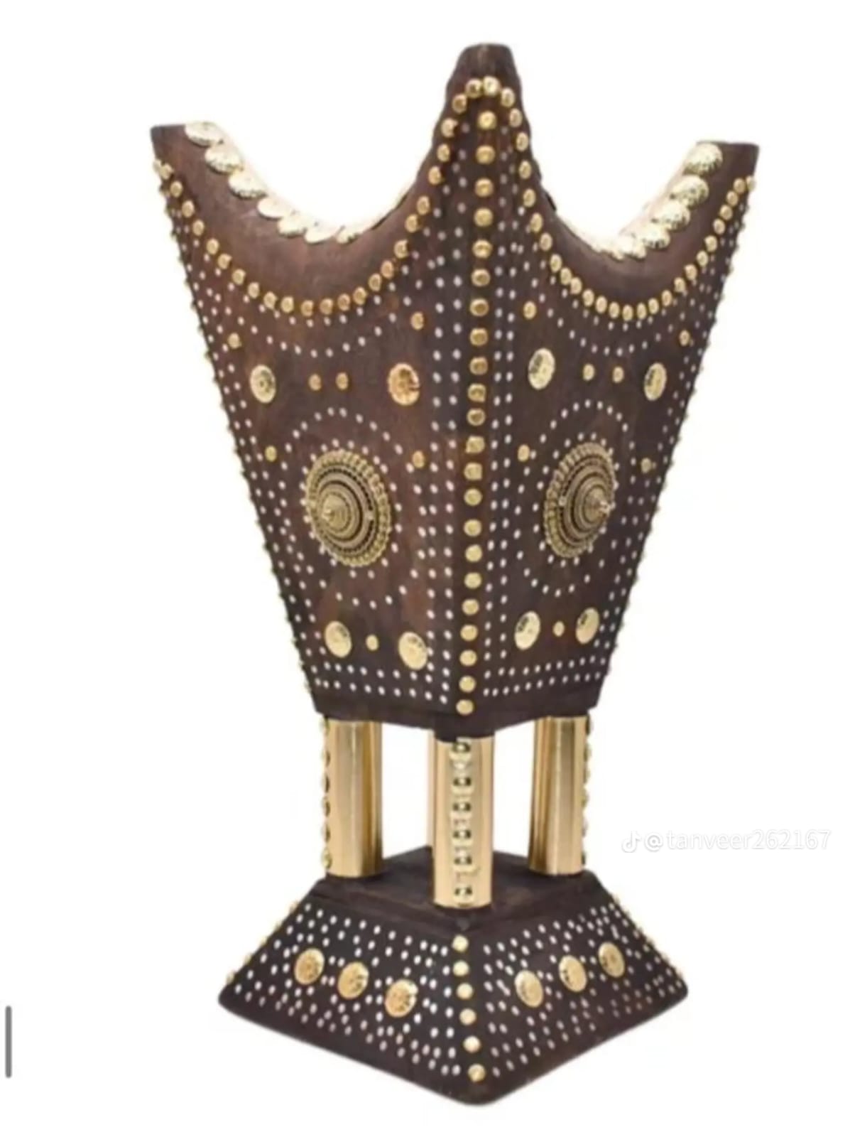 Handcrafted dark wood and gold mabkhara full view showing circular medallion accents