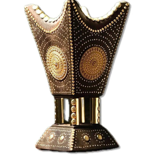 Handcrafted dark wood and gold mabkhara side view showing mandala medallion detail