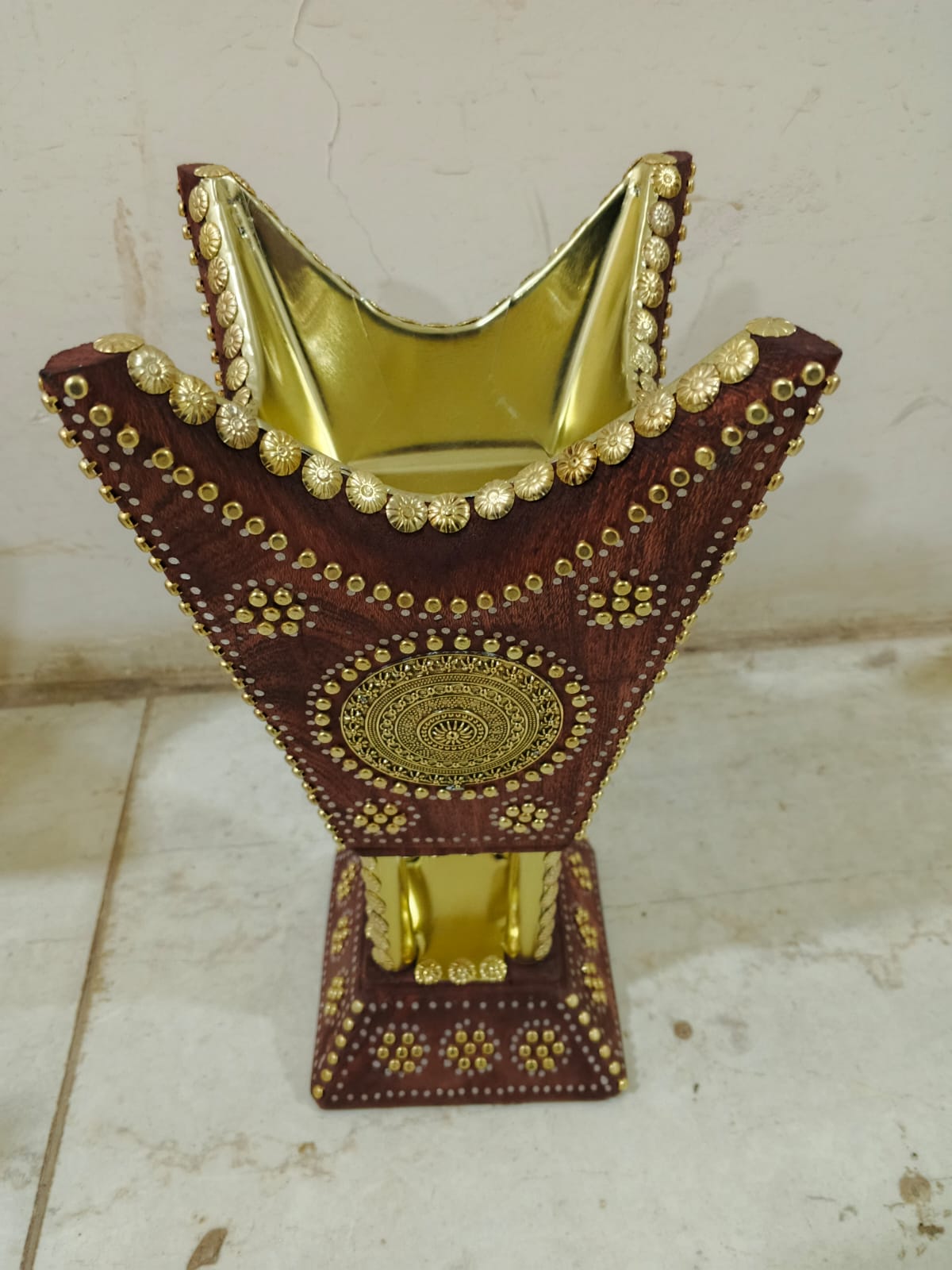 Handcrafted dark wood and gold mabkhara front view with golden interior